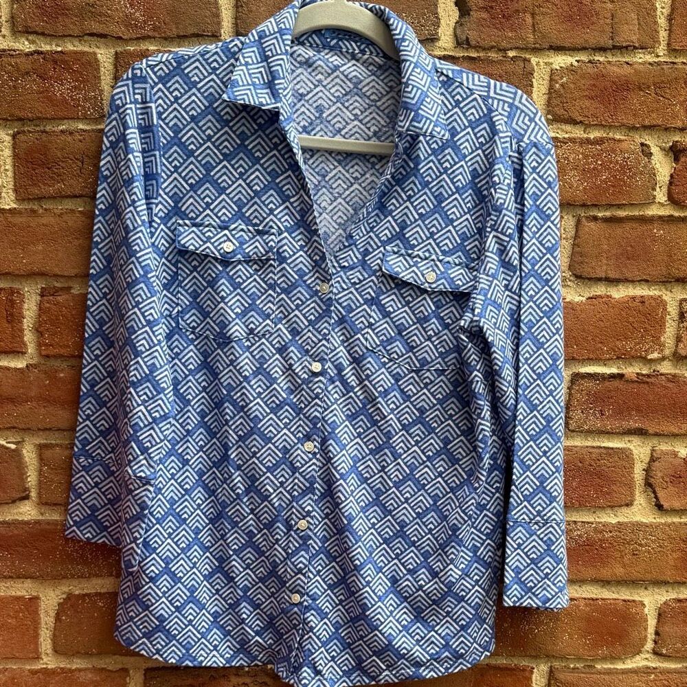 J.McLaughlin $179 Brynn Linen Blend Knit geometric Top blue white Women’s L NEW